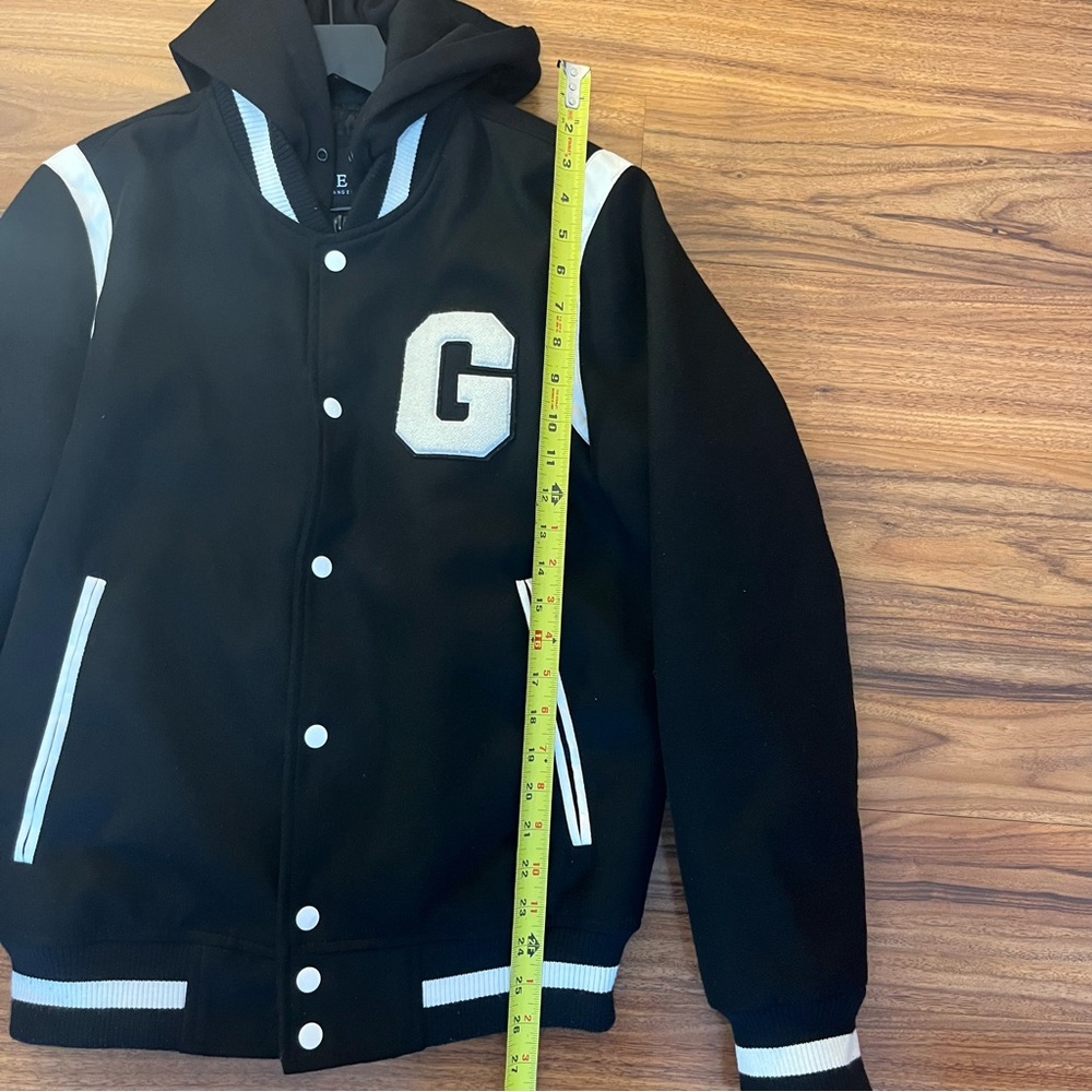 Read! GUESS Men's Wool G Varsity Letterman Bomber  Hooded Jacket Black Size S - Picture 8 of 9